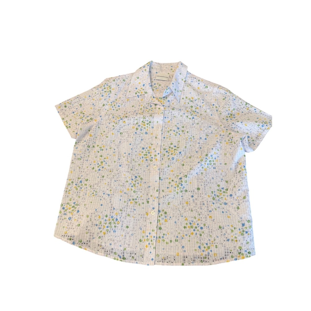 Alfred Dunner Womens 14 Polka Dot Floral Seersucker Button Down Shirt Spring